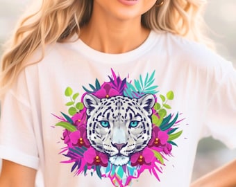 Floral Leopard T-Shirt Unisex Leopard Graphic Tee Colorful Jaguar Face Shirt Boho Animal Print Top Gift for Her or Him
