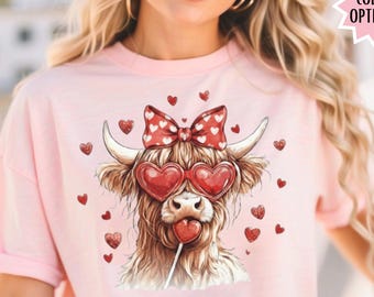 Highland Cow Valentine T-Shirt Retro Coquette Valentines Day Shirt Cute Cow Graphic Tee Valentine Heart Love Shirt Gift for Women