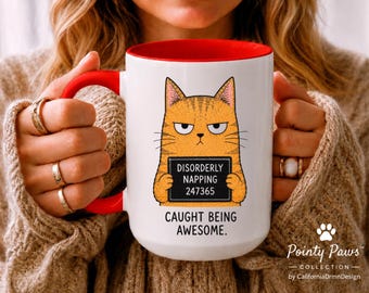 Funny Cat Mug, Caught Being Awesome Mug, Cat Lover Gift, Sarcastic Coffee Mug, Orange Cat Mug, Pointy Paws™