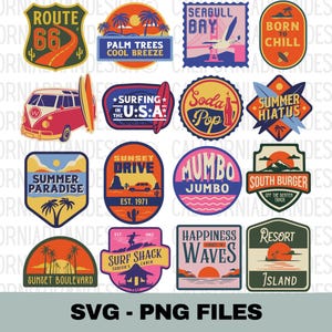 Americana Nostalgia Beach Clipart, Retro Stickers Bundle, Route 66 SVG, Strykmärken, Surfing SVG, Sommar Svg, SVG-filer för Cricut