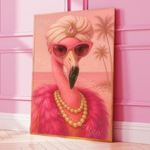 Glam Pink Flamingo Printable Wall Art | Turban & Pearls Animal Portrait | Chic Coastal Decor | Boho Flamingo Digital Download | 6 PDF Sizes