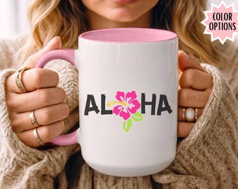 Aloha Hawaii Hibiscus Flower Coffee Mug, Tropical Beach Ocean Summer Cup, Hawaii Lover Vacation Gift, Ohana Family Island Souvenir Mug