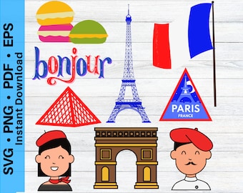 France SVG, Paris SVG, French Clip Art, French Stickers, French Art, Eiffel Tower Svg, Macaroons Svg, Louvre Svg, Cricut Svg & Png Cut Files