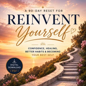 Pode incluir: Capa de download digital com o título "REINVENT Yourself" em escrita elegante sobre um pôr do sol cênico. A capa promove um reset de 90 dias para confiança, cura, melhores hábitos e tornar-se a sua melhor versão.