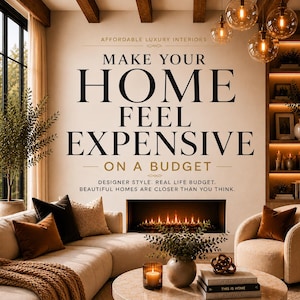 Può includere: Un soggiorno con un divano beige, cuscini e un tavolino. La parete mostra il testo "MAKE YOUR HOME FEEL EXPENSIVE ON A BUDGET". Un camino e scaffalature integrate completano l'ambiente. Lampade a sospensione illuminano la stanza.