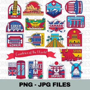 Países do Mundo Clipart, Adesivos de Viagem de Férias no Mundo, Viagens Ásia Europa Américas Austrália, Desenhos de Sublimação PNG, Arquivo Cricut