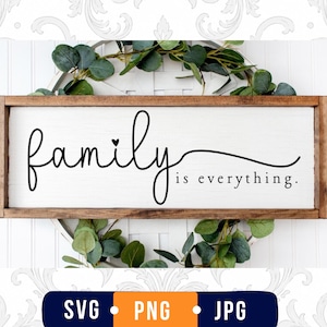 Może przedstawiać: Prostokątny drewniany znak z białym tłem i ciemnobrązową ramą. Napis "family is everything." jest wydrukowany czarną czcionką skryptową i bezszeryfową, z małym sercem nad literą i. Znak jest umieszczony na tle zielonego wieńca.