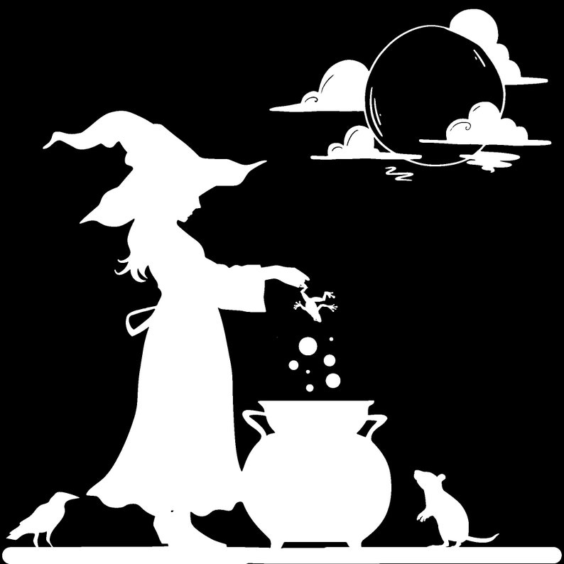 May include: A white silhouette of a witch stirring a cauldron, with a crow and a rat nearby. The witch is wearing a hat and a long dress. A full moon and clouds are in the background. Halloween themed.