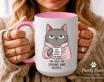 Funny Cat Mug | I'm Out of Spoons and People Mug | Introvert Cat Coffee Mug | Cat Lover Gift | Sarcastic Coffee Cup | Pointy Paws