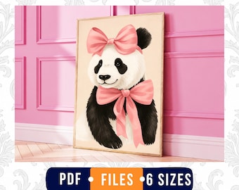 Art mural panda imprimable, art mural pour chambre de bébé, décoration de chambre de bébé fille, imprimé panda noeud rose, décoration de chambre d'enfants, téléchargement numérique