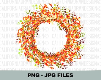 Autumn Wreath PNG, Fall Floral Harvest Clipart, Thanksgiving Wreath Sublimation, Farmhouse Floral PNG, Cricut Printable Design