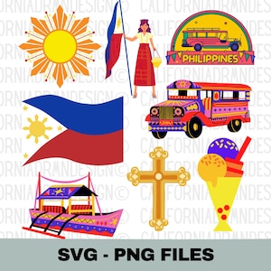 Philippines SVG Files, Philippines Clipart Svg, Filipino Flag Svg, Philippines Sun Svg, Jeepney, Halo Halo, Philippines Vacation Travel Png