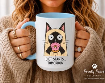 Diet Starts Tomorrow Funny Cat Mug, Funny Coffee Mug, Cat Lover Gift, Cat Mom Gift, Cat Dad Gift, Donut Lover Gift, Sarcastic Mug