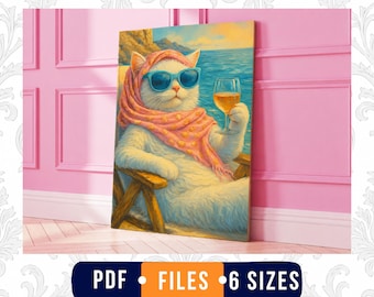 Beach Cat Wall Art Printable, Coastal Cat Decor, Funny Cat with Wine, Beach House Wall Decor, Coastal Printable Art, Cat Lover Gift
