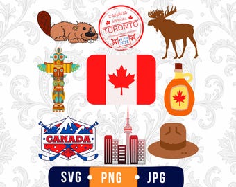Puede incluir: Una colección de gráficos con temática canadiense que incluye un castor marrón, una bandera canadiense roja y blanca, un alce marrón, un tótem colorido, una jarra de jarabe de arce, un sello del aeropuerto de Toronto, un emblema de hockey, una ciudad y un sombrero marrón.