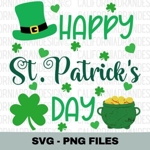 以下が含まれることがあります： 緑のクローバーと金の壺のデザインで、「Happy St. Patrick's Day」の文字が書かれています。デザインには緑の妖精の帽子も含まれています。