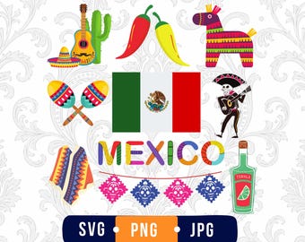 May include: A digital graphic featuring the Mexican flag at the center, surrounded by illustrations of a guitar, cactus, sombrero, chili peppers, piñata, maracas, a skeleton musician, a poncho, tequila bottle, and skull banners with the text MEXICO.
