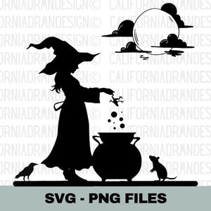 May include: Black silhouette of a witch stirring a cauldron, with a full moon and clouds in the background. A crow and a rat are also present. The image includes the text "SVG - PNG FILES".