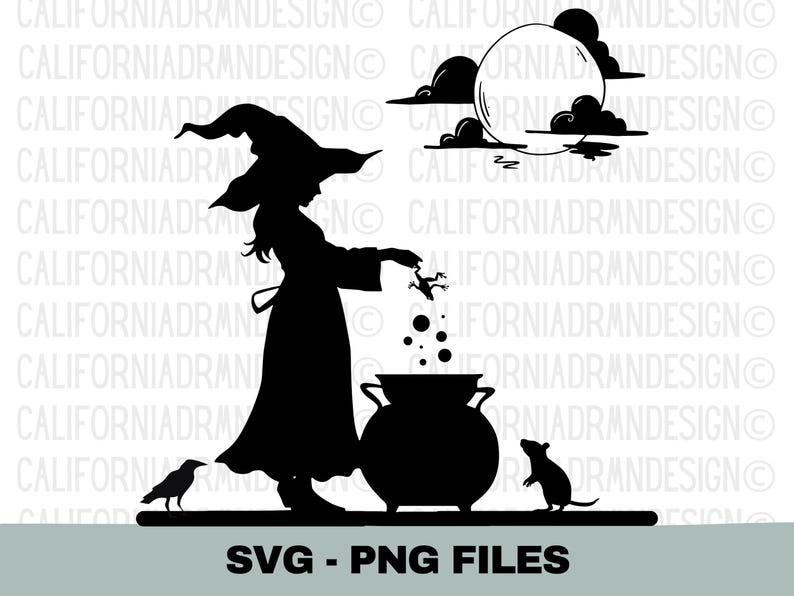 May include: Black silhouette of a witch stirring a cauldron, with a full moon and clouds in the background. A crow and a rat are also present. The image includes the text "SVG - PNG FILES".