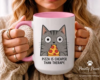 Funny Cat Coffee Mug | Pizza Is Cheaper Than Therapy | Cat Lover Gift | Funny Pizza Mug | Coffee Lover Gift | Pointy Paws™