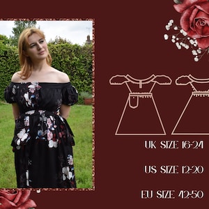 May include: A black off-the-shoulder dress with a floral print. The dress has a fitted bodice and a flowing skirt. The dress is shown on a model in a garden setting. The image also includes a line drawing of the dress with size information: UK size 16-24, US size 12-20, EU size 42-50.