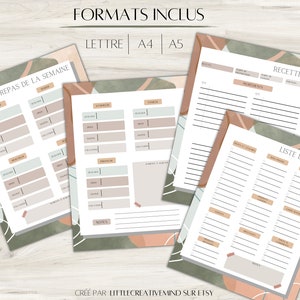 Puede incluir: Plantillas de planificaci&oacute;n de comidas imprimibles en tama&ntilde;os carta, A4 y A5. Las plantillas incluyen un planificador de comidas semanal, una lista de la compra y p&aacute;ginas de recetas. El dise&ntilde;o presenta un patr&oacute;n abstracto marr&oacute;n claro y verde.