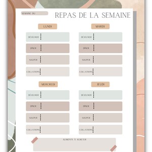 Puede incluir: Un planificador de comidas semanal imprimible en franc&eacute;s. El planificador tiene secciones para el desayuno, el almuerzo, la cena y los refrigerios. Tambi&eacute;n tiene una secci&oacute;n para una lista de compras. El planificador tiene un esquema de color verde claro y melocot&oacute;n.