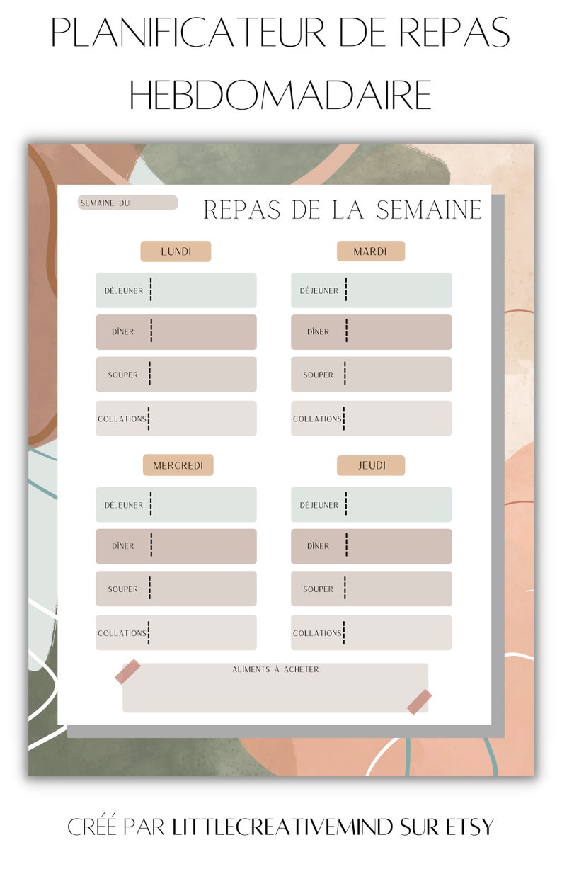 Puede incluir: Un planificador de comidas semanal imprimible en franc&eacute;s. El planificador tiene secciones para el desayuno, el almuerzo, la cena y los refrigerios. Tambi&eacute;n tiene una secci&oacute;n para una lista de compras. El planificador tiene un esquema de color verde claro y melocot&oacute;n.