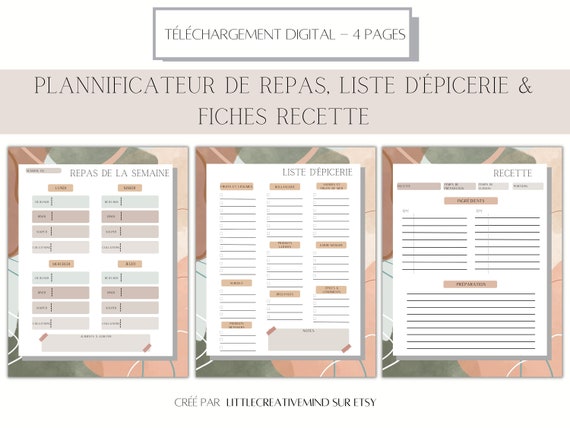 Planificateur de repas hebdomadaire, menu de la semaine imprimable, menu digital, organisateur repas, meal planner, plannificateur PDF