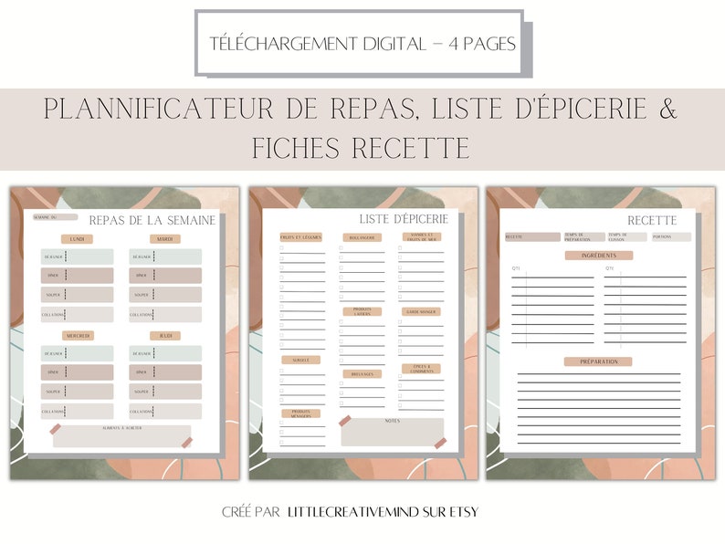 Puede incluir: Planificador de comidas, lista de la compra y plantillas de recetas imprimibles. Las p&aacute;ginas presentan un dise&ntilde;o minimalista con formas abstractas en tonos marrones, verdes y beige.