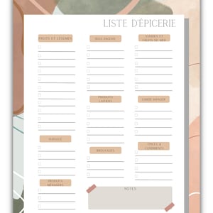 Puede incluir: Una plantilla de lista de la compra imprimible con un dise&ntilde;o minimalista que presenta formas abstractas en tonos marrones, verdes y azules. La lista est&aacute; dividida en categor&iacute;as como frutas y verduras, panader&iacute;a, productos l&aacute;cteos, carne y pescado, despensa, alimentos congelados, bebidas, especias y condimentos, y productos de limpieza. Tambi&eacute;n hay una secci&oacute;n para notas.