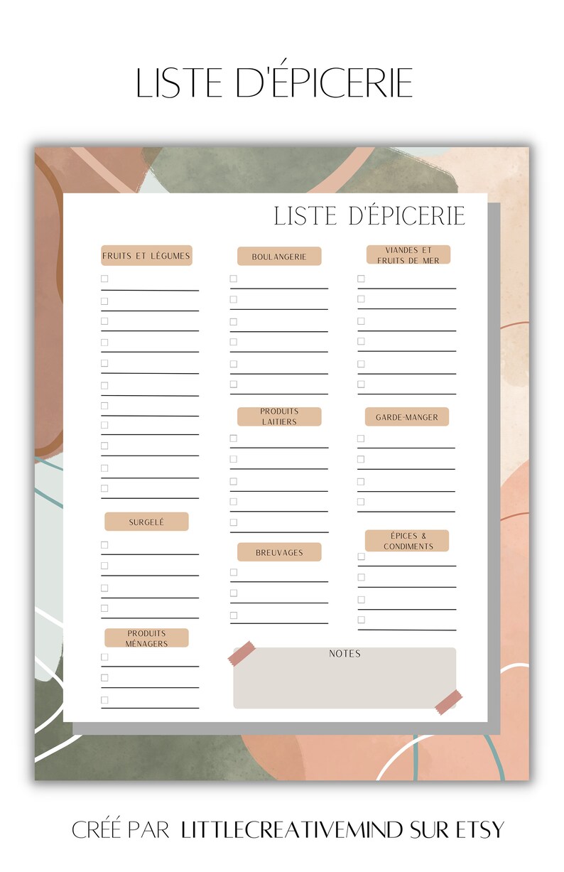 Puede incluir: Una plantilla de lista de la compra imprimible con un dise&ntilde;o minimalista que presenta formas abstractas en tonos marrones, verdes y azules. La lista est&aacute; dividida en categor&iacute;as como frutas y verduras, panader&iacute;a, productos l&aacute;cteos, carne y pescado, despensa, alimentos congelados, bebidas, especias y condimentos, y productos de limpieza. Tambi&eacute;n hay una secci&oacute;n para notas.