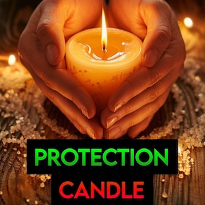 May include: A person's hands hold a lit candle with a yellow wax exterior. The candle is surrounded by small, white, shiny objects. The text "PROTECTION CANDLE" is in green and red letters.