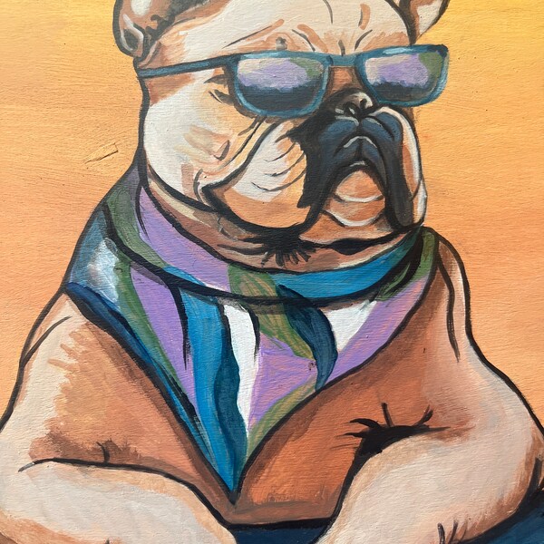 Original Acrylbild „Cool Bulldog“ auf runder Holzplatte