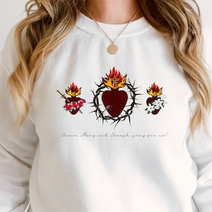 Holy Hearts, Jesus, Mary and Joseph, Pray for us! Sacred Heart, Immaculate Heart & Most Chaste Heart - Catholic Sweatshirt for Women