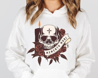 Floral Memento Mori, Skull with Red Roses, Catholic Hoodie, Remember your Death, Catholic All Souls Day, Halloween - Catholic Hoodie