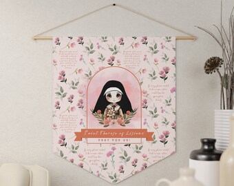 Saint Thérèse of Lisieux, St Thérèse of the Child Jesus Pennant Banner, Pink Floral Catholic Nursery Baby Decor, Baby Gift -Catholic Pennant