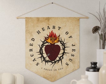 Sacred Heart of Jesus Banner, Most Sacred Heart of Jesus House Decoration, Devotion to Sacred Heart, Roman Catholic Gift - Pennant