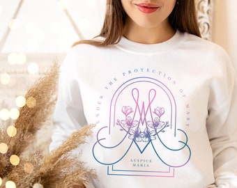 Virgin Mary Monogram Sweatshirt | Under the protection of Mary - AUSPICE MARIA (Marian Devotion)- Catholic Crewneck Sweatshirt for Women