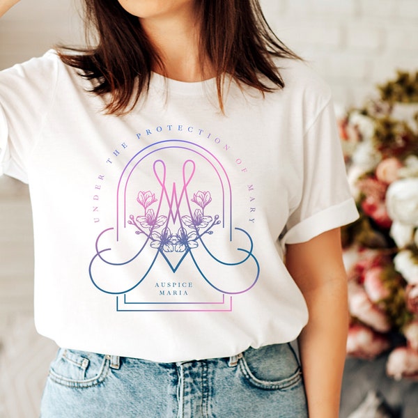 Virgin Mary Monogram | Under the protection of Mary - AUSPICE MARIA (Marian devotion) - Catholic Shirt for Women