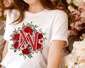 Red Roses Auspice Maria, Floral Auspice Maria Catholic Women's T-Shirt, Virgin Mary Monogram, Marian Devotion - Catholic Shirt for Women