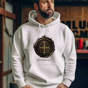 Benedictine Medal Hoodie For Men, Roman Catholic Apparel, Saint Benedict of Nursia, Father&#39;s Day Gift - Masculine Catholic Hoodie for Men