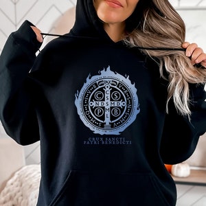 Saint Benedict Medal Hooded Sweatshirt for women, Roman Catholic Apparel, Benedict of Nursia, Catholic Mom Gift - Catholic Hoodie for Women