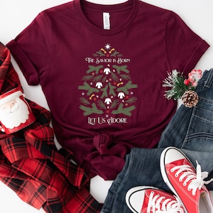 The Savior is Born, Let us adore, Birth of Jesus Christ, Christmas, Christmas Tree, Catholic Family Nativity Shirt, Merry Christmas - UNISEX