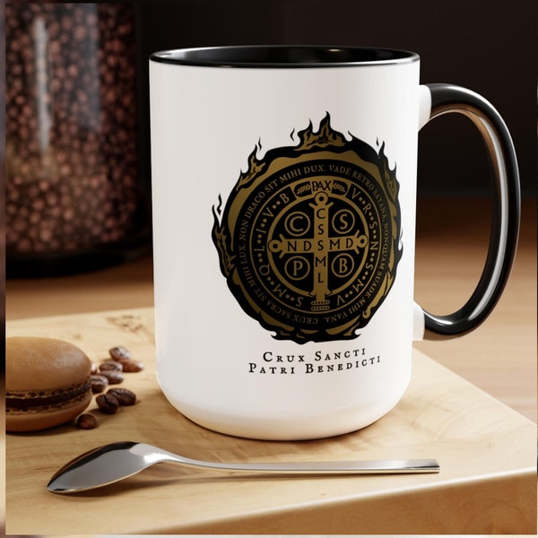 Benedictine Medal Ceramic Mug, Roman Catholic Gift, Saint Benedict of Nursia, Father's Day Gift - 15 oz and 11 oz Ceramig Mug