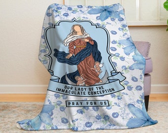 Our Lady of the Immaculate Conception Women's Throw Blanket, Marian Mantle Blanket, Ave Maria, Catholic Baptism Gift - Velveteen Blanket