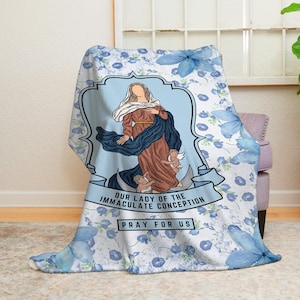Our Lady of the Immaculate Conception Women&#39;s Throw Blanket, Marian Mantle Blanket, Ave Maria, Catholic Baptism Gift - Velveteen Blanket