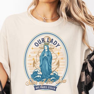 Ave Maris Stella Shirt, Catholic Summer Beach Tee, Marian Devotion Shirt, Oversized Look, Cotton Faith Shirt, Virgin Mary Star of the Sea