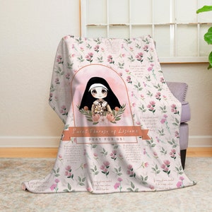 Floral Saint Therese of Lisieux Throw Blanket for Catholic Children, Baptism / Confirmation / Baby Shower Gift Ideas - Catholic Baby Blanket