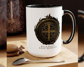 Benedictine Medal Ceramic Mug, Roman Catholic Gift, Saint Benedict of Nursia, Father&#39;s Day Gift - 15 oz and 11 oz Ceramig Mug
